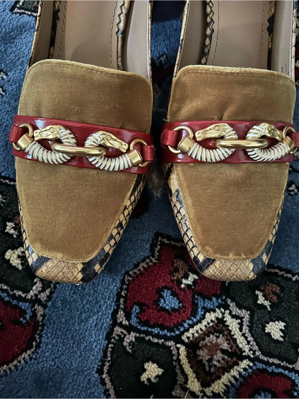 Tory Burch Mustard Velvet Loafers with Red & Snakeskin Trim Zebra Buckle Size 11